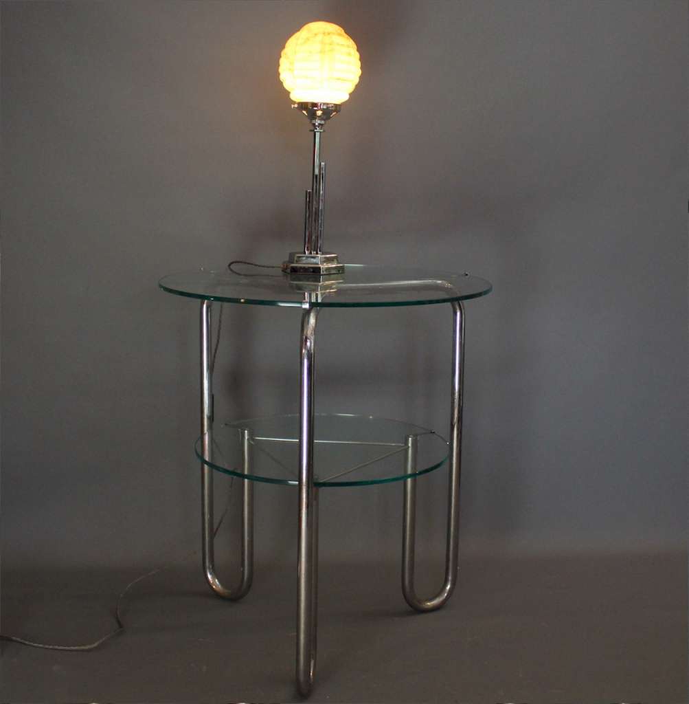 Art Deco chrome stepped table lamp marbled shade