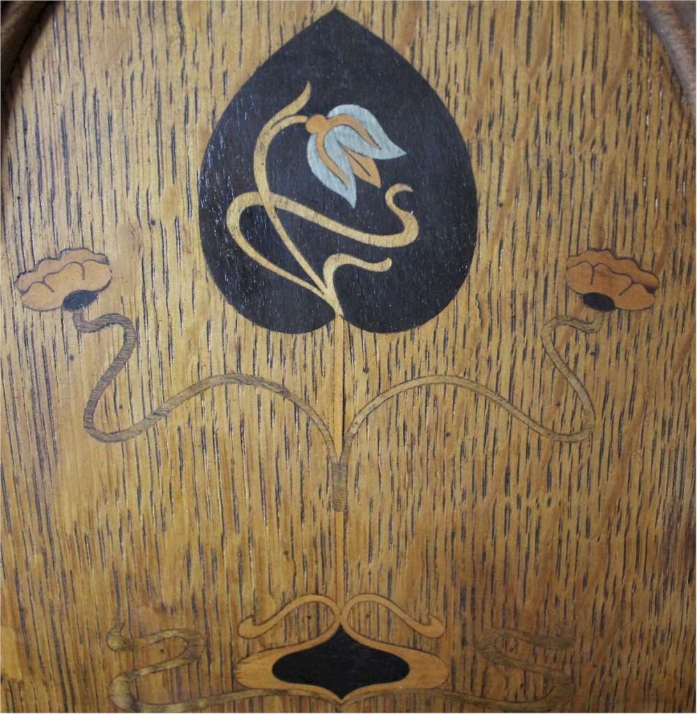 Arts and crafts oak glazed bookcase pewter and ebony inlay