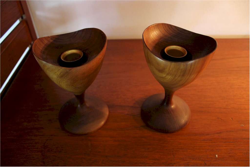 Pair of mid century teak candlesticks