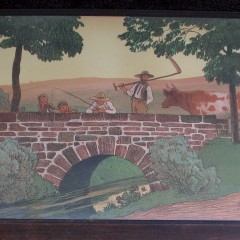 Arts and Crafts large oak framed nursery lithograph of country folk by R.V.Volkmann