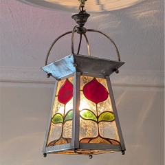 Arts and crafts ceiling light red green & yellow glass