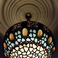 Arts and crafts abalone shell and Blue glass plafonnier ceiling shade