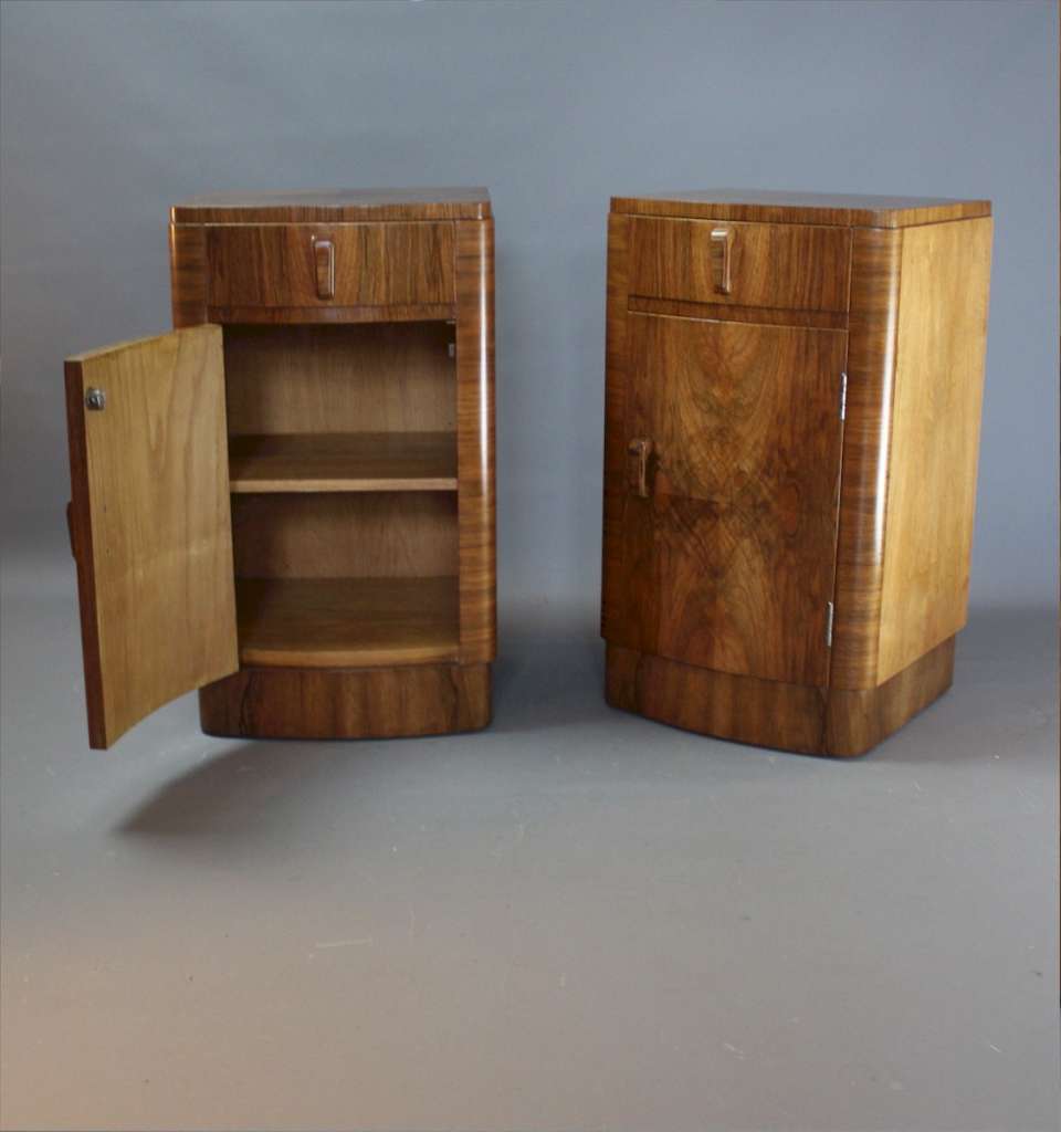 Pair of art deco walnut bedside cabinets