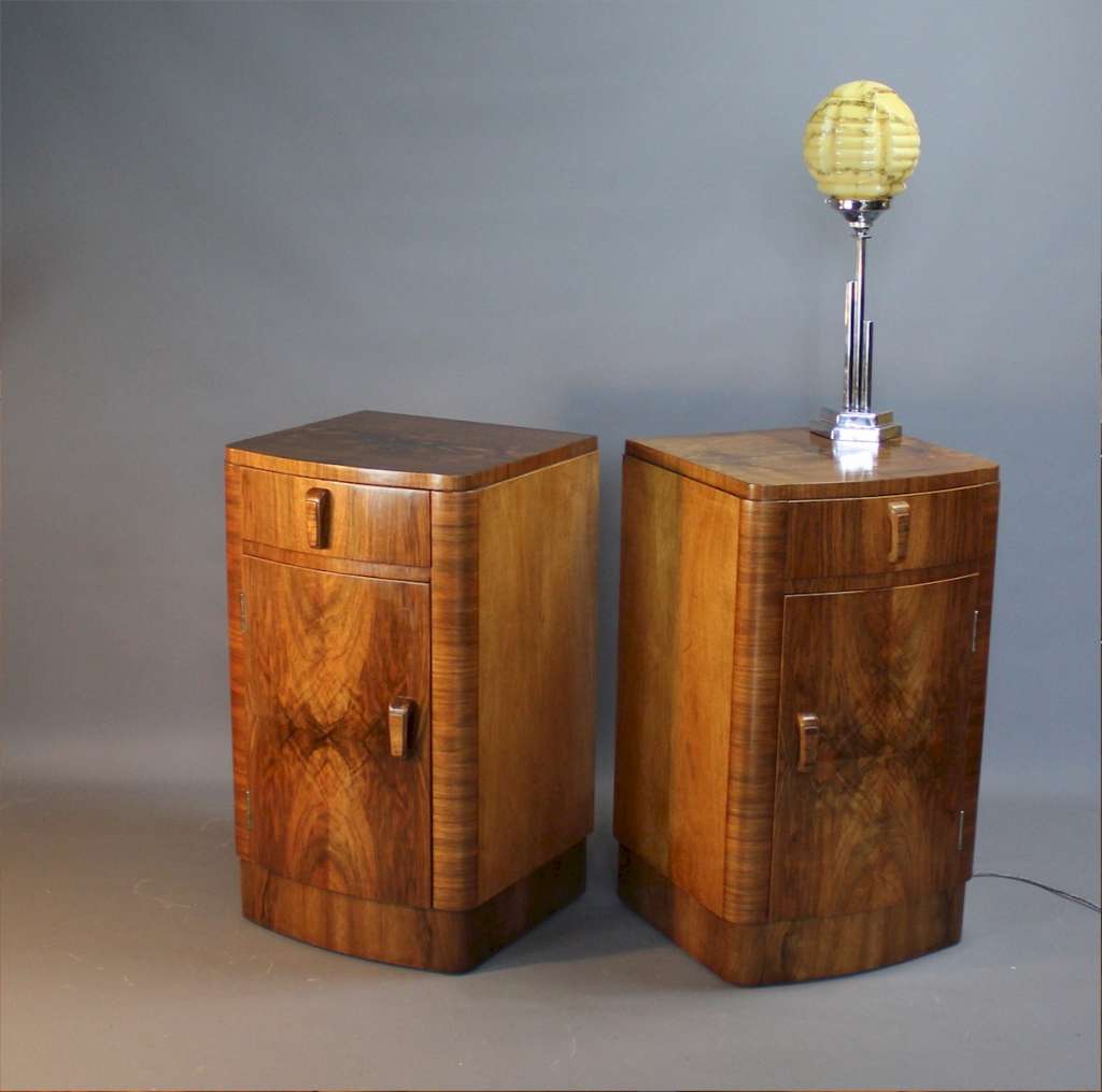 Pair of art deco walnut bedside cabinets